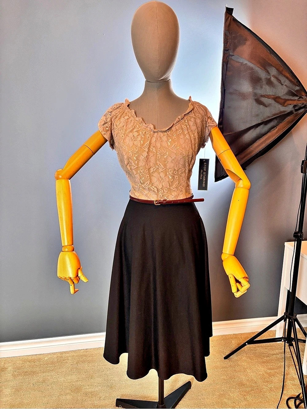 Stop Staring! Blushy pinky beige Lacey top and control stretchy A-Line skirted d
